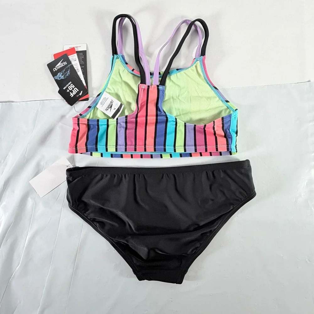 Speedo Girls Two Piece Bikini Swimsuit Anthracite Multi‎ Stripe Size 14 New